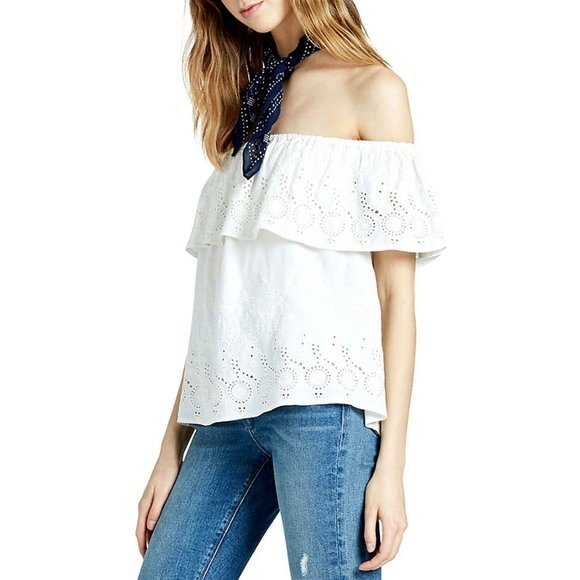 Lucky Brand Off Shoulder Blouse Ruffle Eyelet Top Lined Size S - Picture 1 of 11